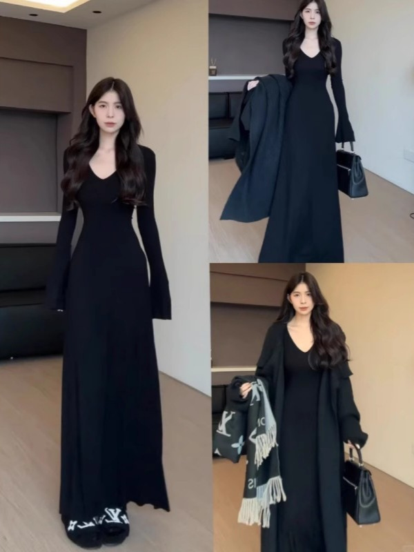 秋季长袖连衣裙女v领长款针织裙子高级轻熟御姐穿搭收腰修身长裙|undefined