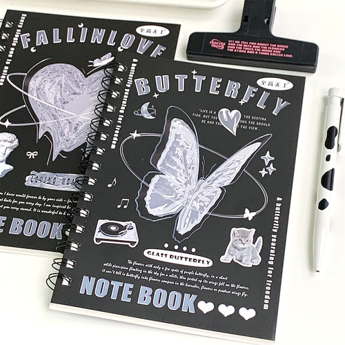 Black and white simple ins crystal glazed texture coil student A5 universal horizontal line notebook retro notepad