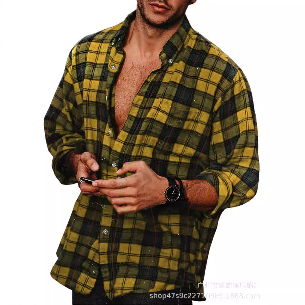 Amazon 2023 camisa de solapa de primavera y otoño de los nuevos hombres europeos y americanos Comercio exterior casual Camisa de manga larga a cuadros de los hombres