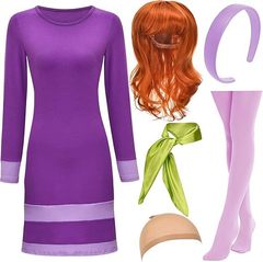ハロウィンデラックス大人用コスチューム女性用、パープルミニドレスウィッグ、スカーフヘッドバンド、サイソックスと偽物