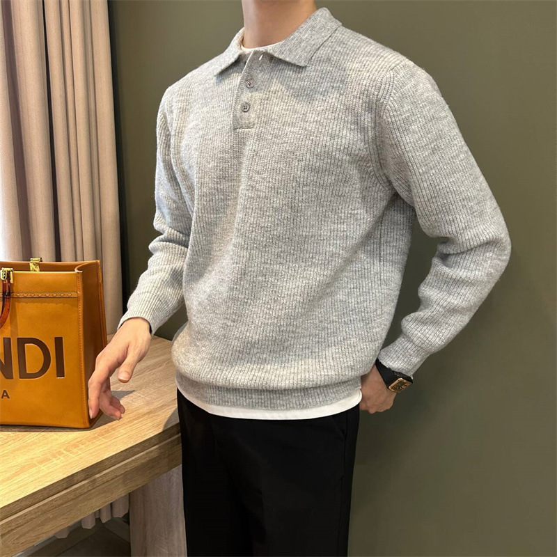 Casual ligero japonés estilo de lujo con solapa polo de hombre simple color sólido delgado molido universal color sólido suéter de punto