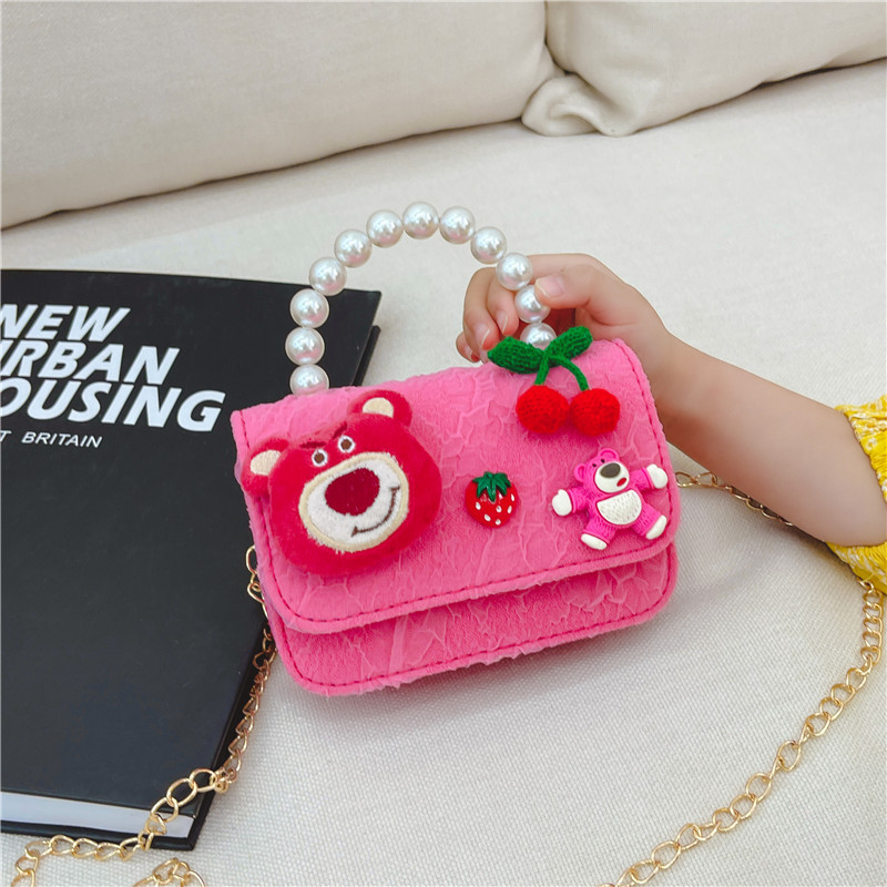 Nuevo en línea rojo perla portátil bolso de los niños lindo suave lindo dibujos animados moda mensajero bolsa niña estilo occidental bolso de hombro