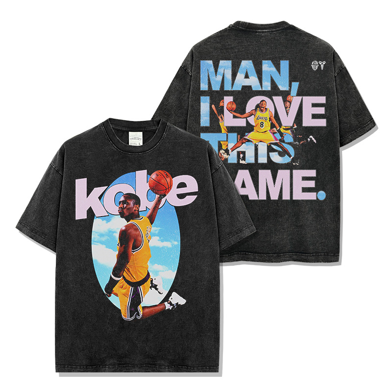 Cross-border kobe celebrity printed washing and old loose short-sleeved T-shirt vintage heavy round neck hooded sweatshirt men