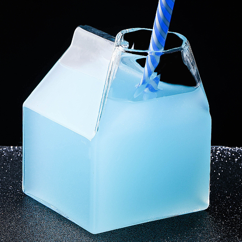 Taza de desayuno casera creativa, taza de caja de leche de vidrio resistente al calor, taza de bebida de jugo de tendencia transparente, puede entrar en el microondas