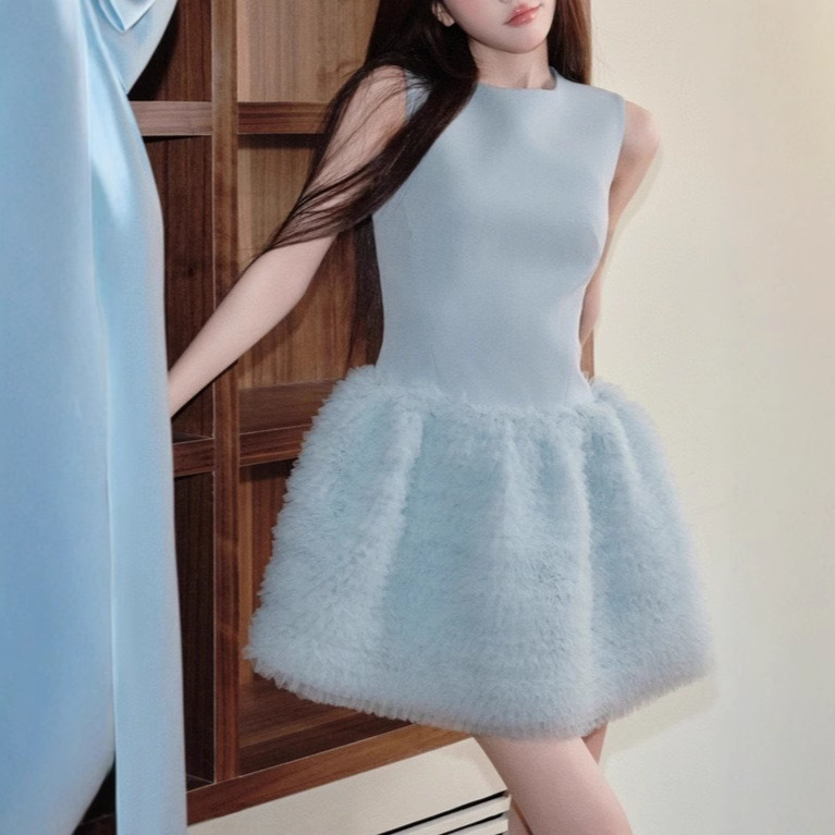 Avenement/Sleeveless Splicing Cake Skirt/Elegant Round Neck Mesh Tutu Skirt A-Line Skirt Elastic Short Skirt for Women Summer