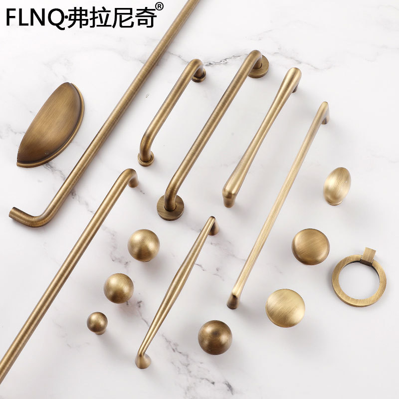 圓管雙灣黃古銅拉手法式衣櫃全銅把手簡約輕奢櫥櫃抽屜黃銅長拉手