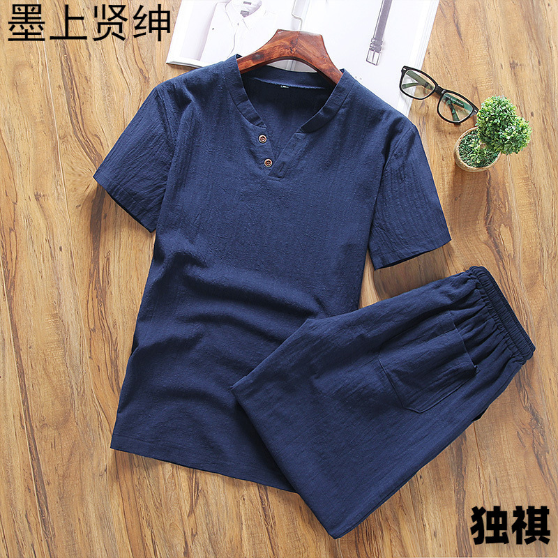 Camiseta de lino de manga corta traje deportivo de verano para hombre