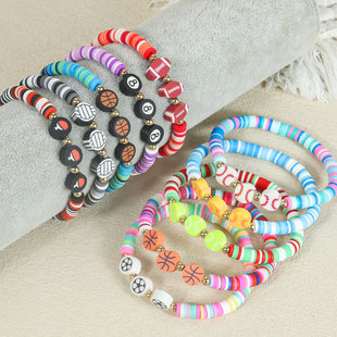 Cross-Border New Football Basketball Baseball Bracelet Soft Pottery Volleyball Rugby Beaded Bracelet Cheerleading Jewelry Ready Stock