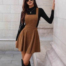 外贸2025新款亚马逊欧美女式休闲V领口袋灯芯绒背带裙连衣裙