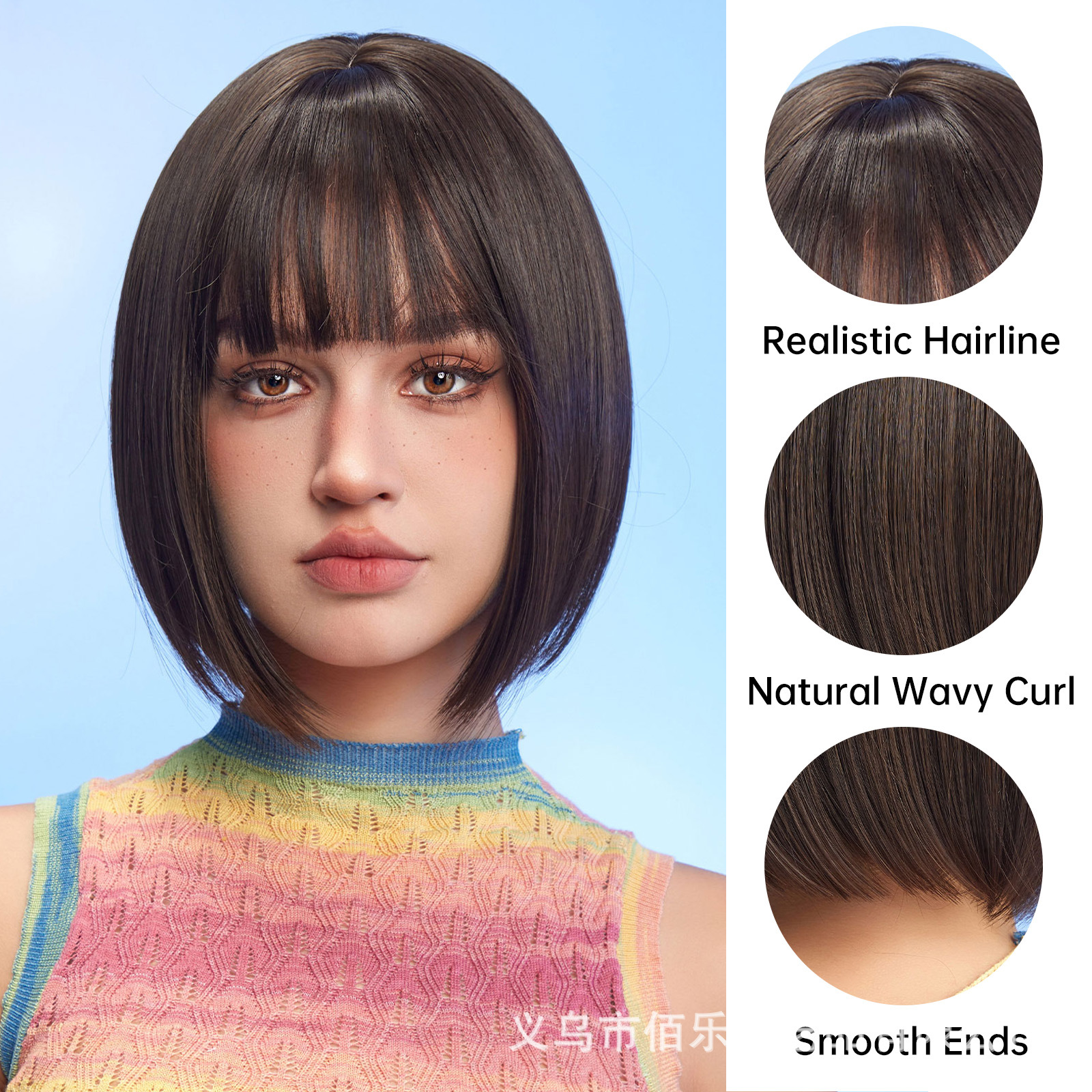 Peluca de cabeza de onda opcional multicolor cubierta de cabeza completa Bangs Bobo marrón Pelo Corto fibra química pelo de seda de alta temperatura