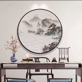 新中式入户玄关圆形装饰画客厅走廊山水画挂画茶室禅意水墨画壁画