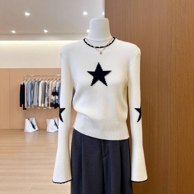 High-End Elegant White Star Jacquard Knitwear for Women 2025 Autumn and Winter Knitwear with Bottoming Shirt Top Trendy High-End Elegant White Star Jacquard Knitwear for Women 2025 Autumn and Winter Knitwear with Bottoming Shirt Top Trendy