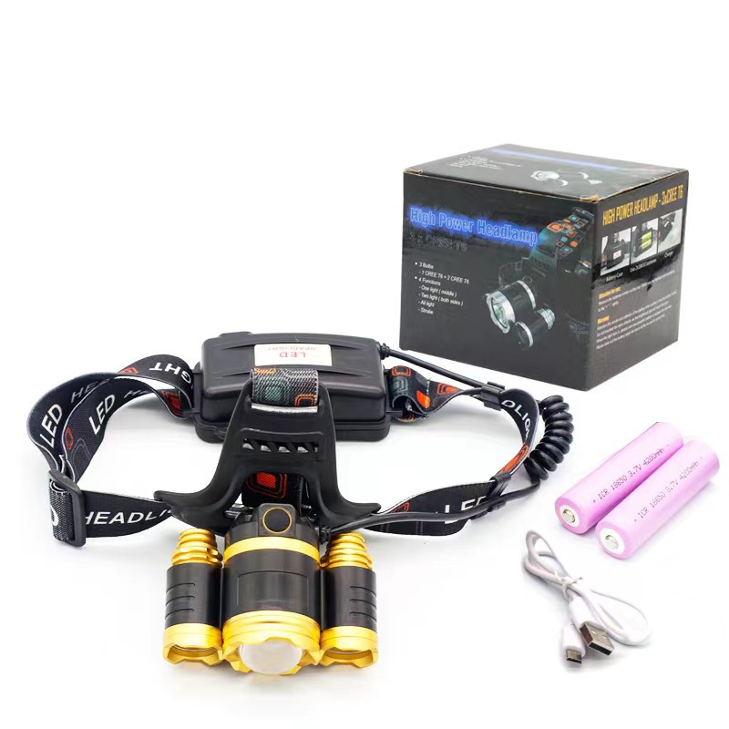 Cross-Border linterna de iluminación montada en la cabeza de 3 cabezas LED de luz fuerte Faro de carga Super brillante luz al aire libre de largo alcance