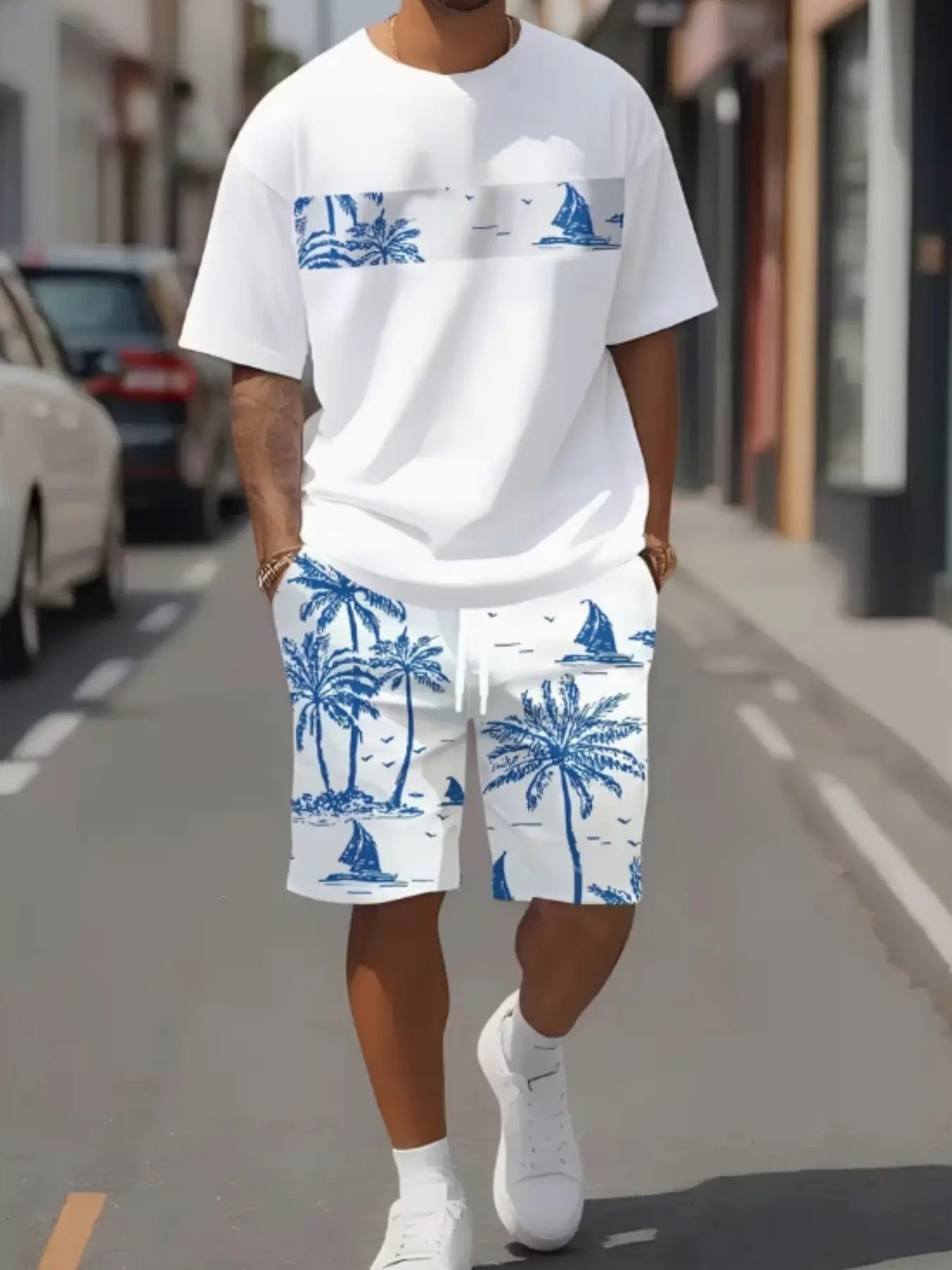 Summer 3D Sailboat Print Men's Suit Casual Loose Fit Versatile Comfortable Everyday Wear_viptrois.com