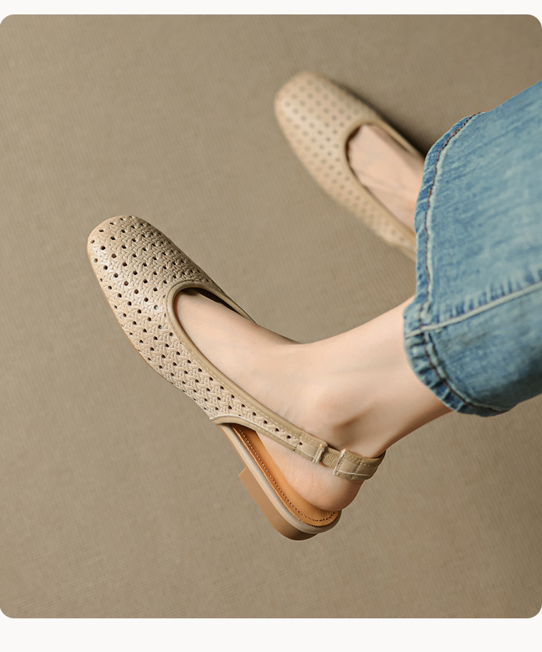 Sandal nữ đế bệt mũi bọc da bò, quai sau hở, phong cách vintage đan lỗ — đen chi tiết 14