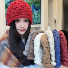 双层加厚毛线帽女手工立体钩针太阳花卷边针织帽大头尾护耳显脸小