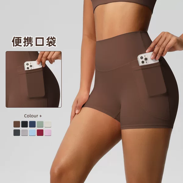 Cross-border European and American Sanding Solid Color Pocket High Waist Tight High Elastic Yoga Shorts Sports Running Fitness Three-point Pants for Women