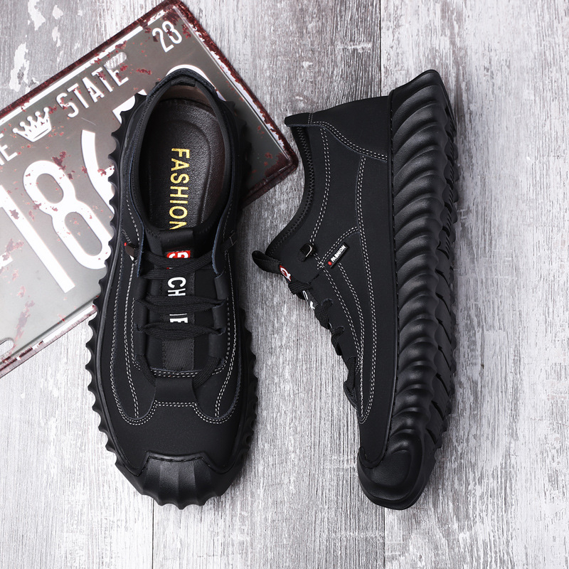 Zapatillas hombre piel negra media caña suela gruesa outdoor hiking_voghion.com