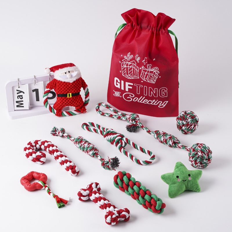 Juguetes para perros de gran venta transfronterizos, juego de juguetes de cuerda de algodón navideños para mascotas, juguete para la dentición, alivio del aburrimiento, juguete navideño con nudos resistentes a las mordidas.