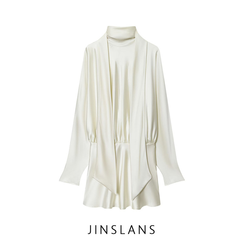 Cross-Border Za European and American Style Women's Clothing Aliexpress Ins Popular Silk Satin Texture Scarf Decorated Short Dress 4661215