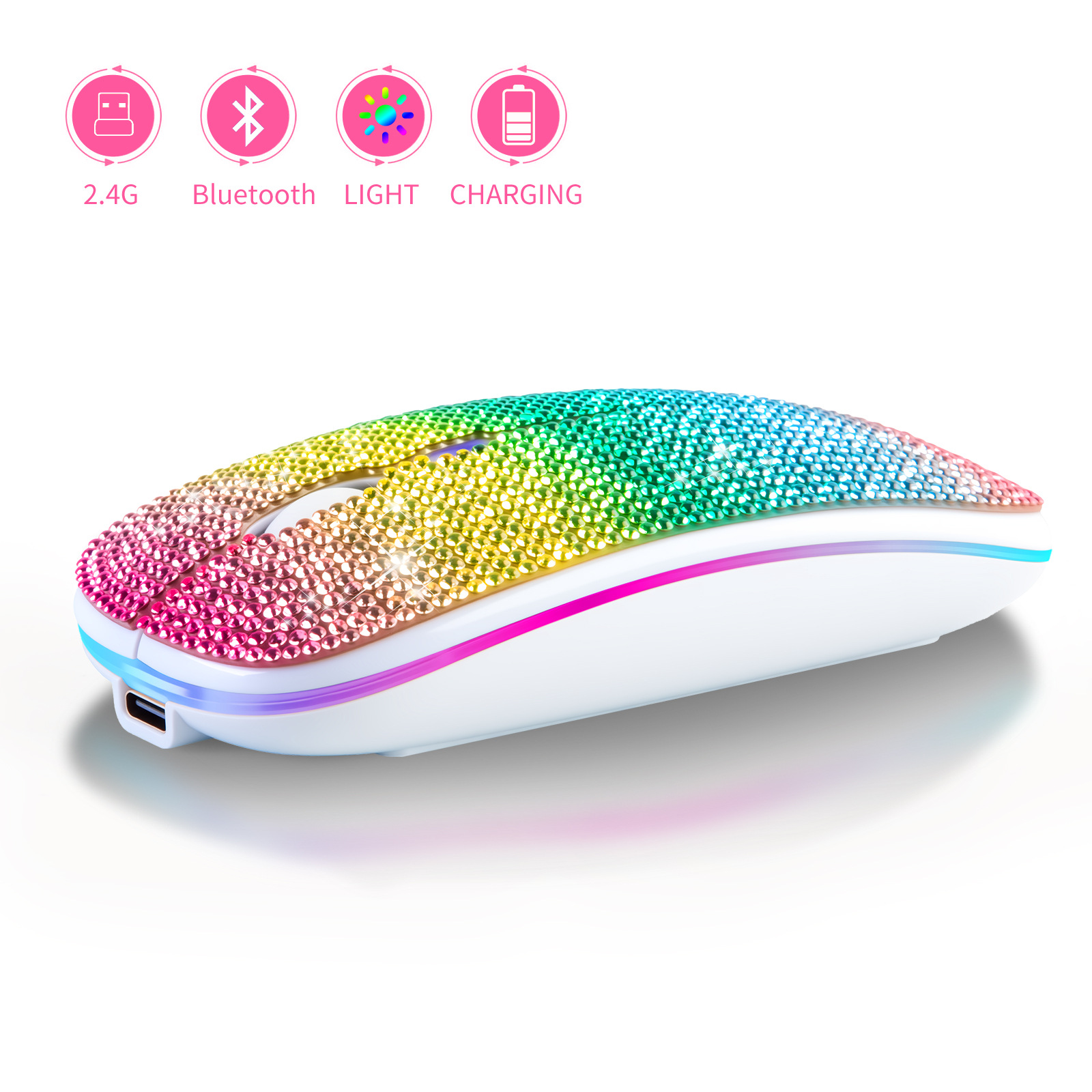Bling Dazzling Mouse With Rhinestone Embroidery USB Bluetooth Dual Mode Illuminated Rechargeable Silent Wireless Computer Mouse_voghion.com