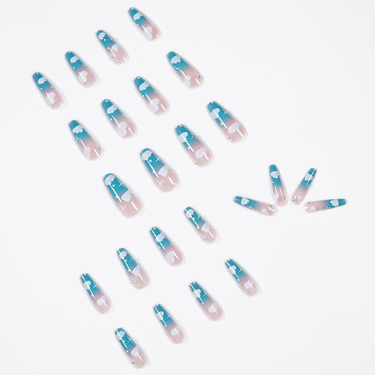 Sky Blue Clouds Gradient Rhinestones Wear Nail Art Finished Fake Nail Nail Art Patch Nail Patch Removable Foreign Trade