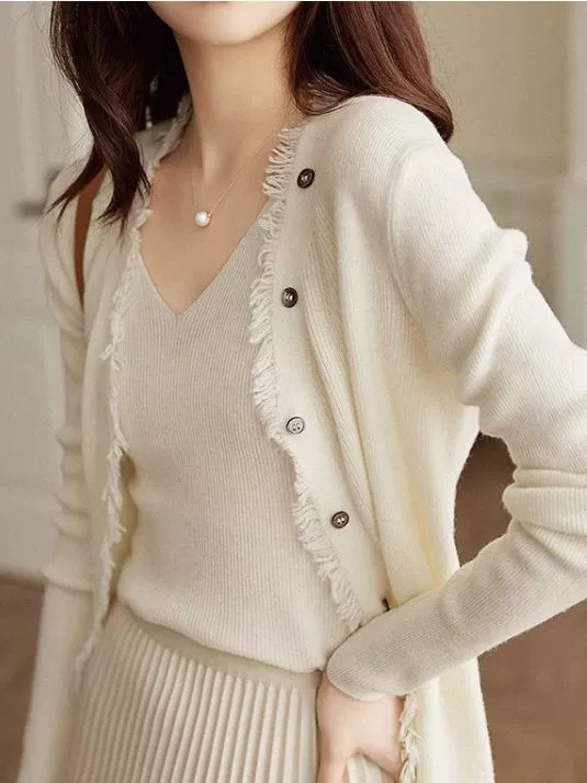 Кофточка из вязанной осени, летний свитер, стиль Chanel, V-образный вырез