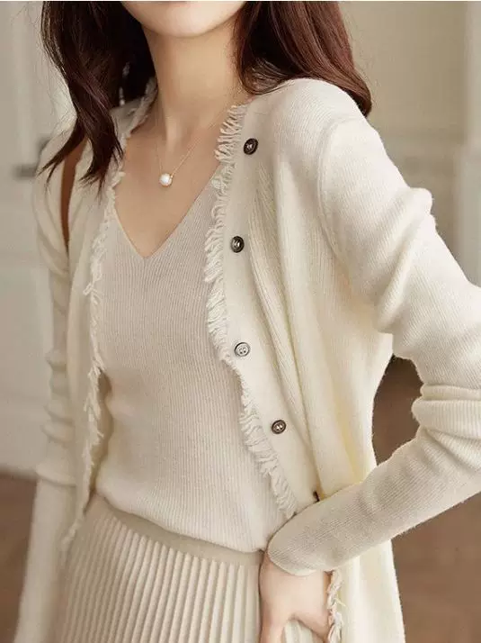 Кофточка из вязанной осени, летний свитер, стиль Chanel, V-образный вырез
