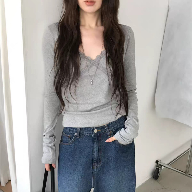 Xh Korean-Style Lace V-Neck Slim-Fit Long-Sleeve T-Shirt, Dongdaemun Autumn New Versatile Elegant Fitted Top Xh Korean-Style Lace V-Neck Slim-Fit Long-Sleeve T-Shirt, Dongdaemun Autumn New Versatile Elegant Fitted Top