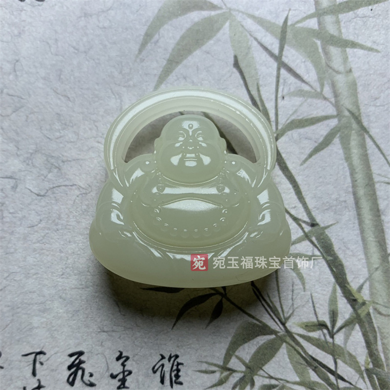 공장 도매 아프간 옥 녹색 흰색 속이 빈 MAITREYA 펜던트 남성과 여성의 연근 전분 색 웃는 부처님 옥 펜던트