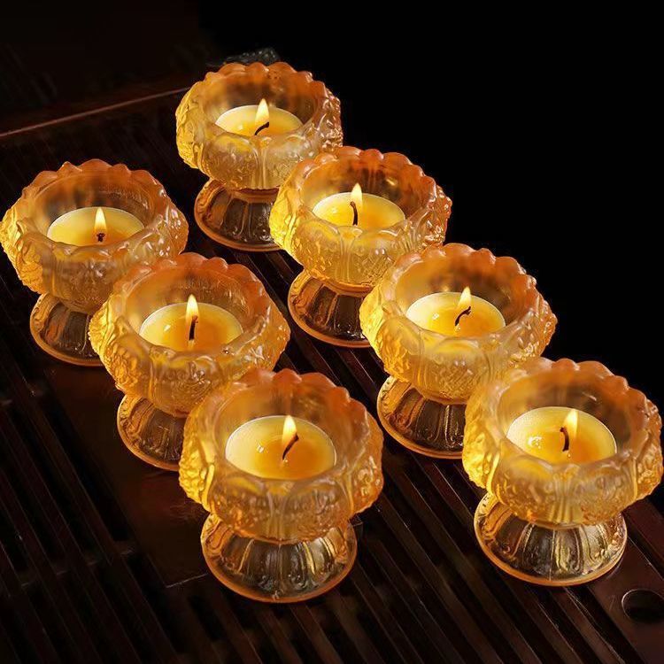 莲花灯烛台家用供灯佛前圣莲琉璃长明灯座酥油灯底座七彩玻璃灯座|undefined