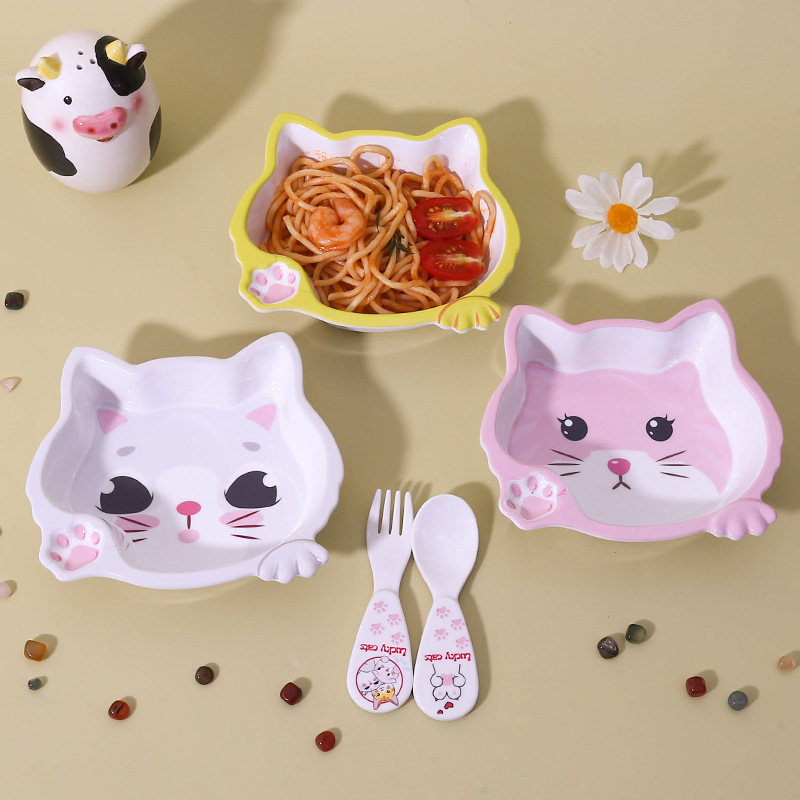 Vajilla de melamina para niños plato de arroz lindo gato plato de garra de gato plato de fruta de jardín de infantes plato de comer para niños comida de dibujos animados