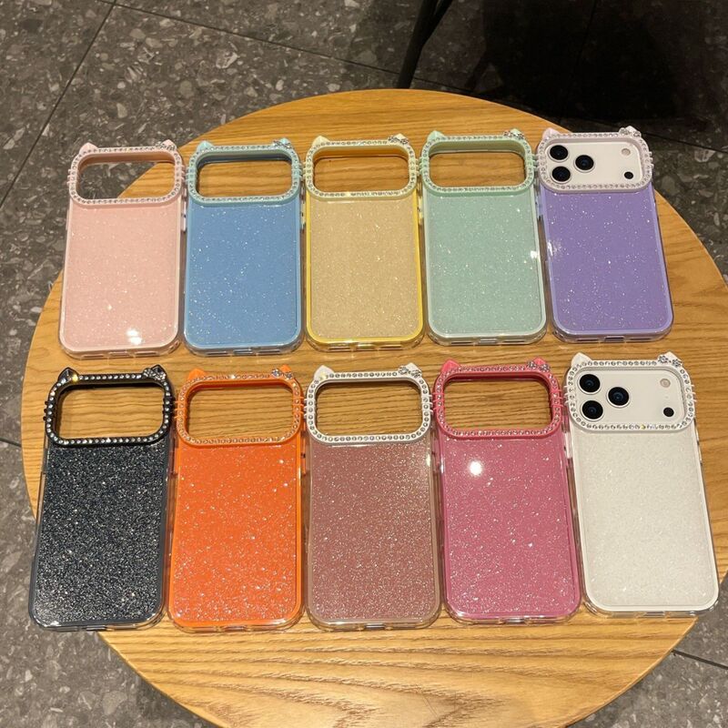 Three-In-One Glitter Colorful Cat Ear Large Hole Case Suitable for Apple 17 Pro Max Phone Case iPhone 16 Pro New