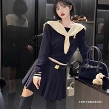 秋冬新款学院风海军领假两件针织衫毛衣女法式长袖百搭减龄上衣