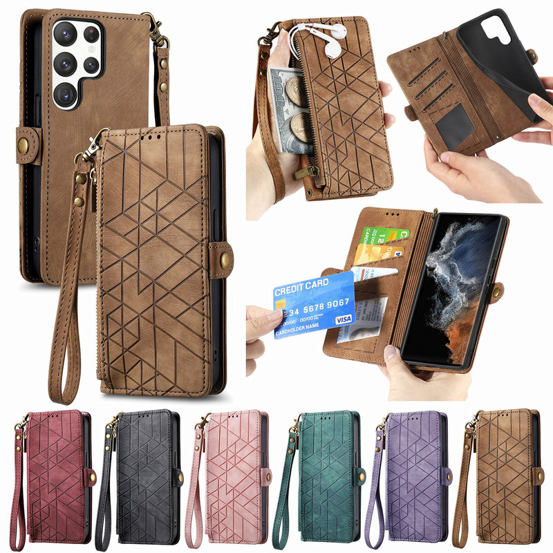 New application Samsung S24Ultra phone leather case phone case creative geometric long lanyard A55A15 flip shell