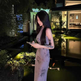 紫棠丁香新中式印花镂空改良旗袍裙女复古温柔风设计感小众连衣裙