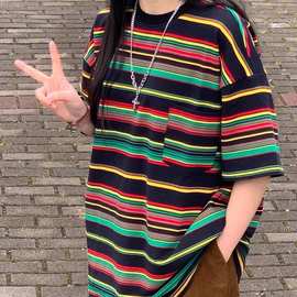 2022中长款美式复古条纹短袖T恤女夏季新款宽松百搭慵懒bf风上衣