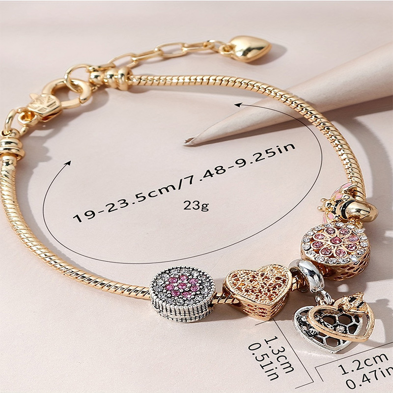 Panjia pulsera Dora DIY cuentas transfronterizas abejas goteando aceite redondo aleación de diamante adhesivo brazalete colgante en forma de corazón