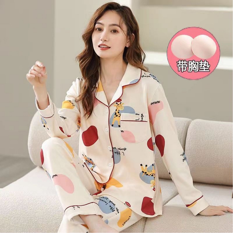 Otoño 100% pijamas de algodón puro con almohadilla en el pecho pantalones de manga larga traje de dos piezas de las mujeres delgadas simples homewear