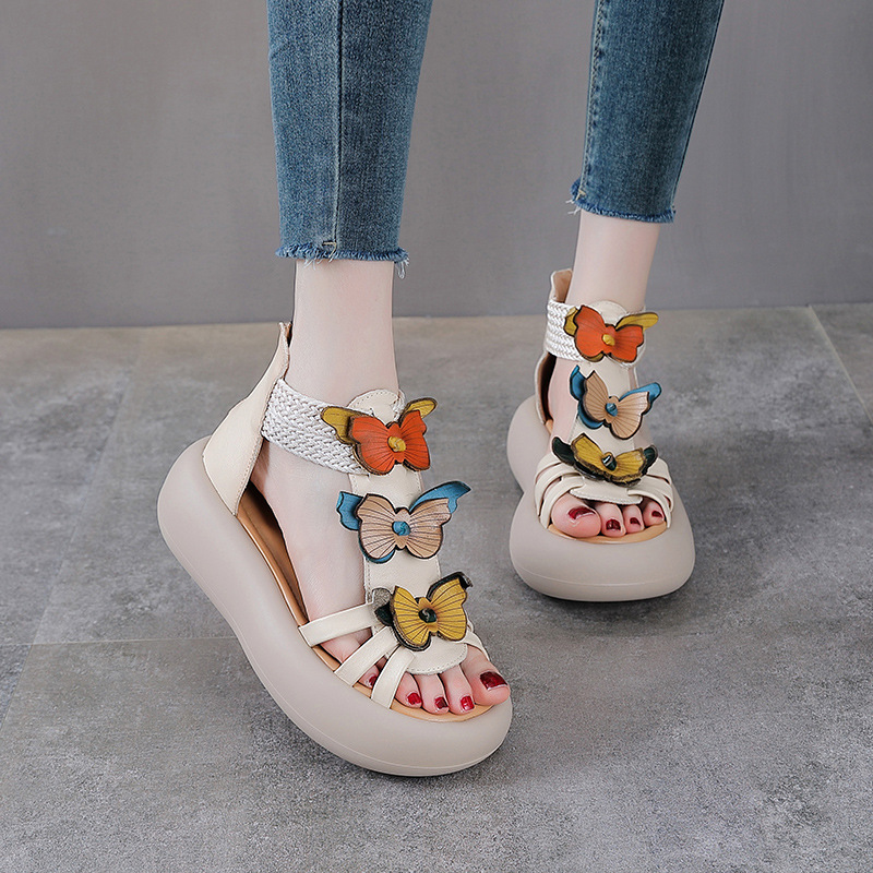 Sandal La Mã nữ đế dày da thật hở ngón — Màu trắng be