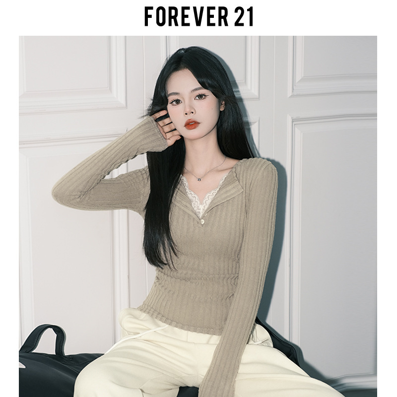 Forever21气质灰色蕾丝假两件V领针织小衫女纯欲修身长袖打底上衣|undefined