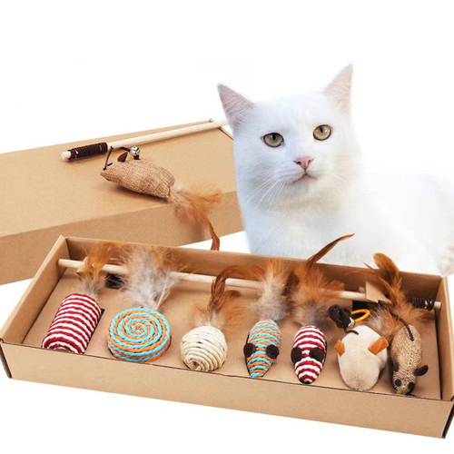 Cross-border exclusive Amazon pet supplies simulated mouse cat toy gift box set of 7 pieces cat teaser stick