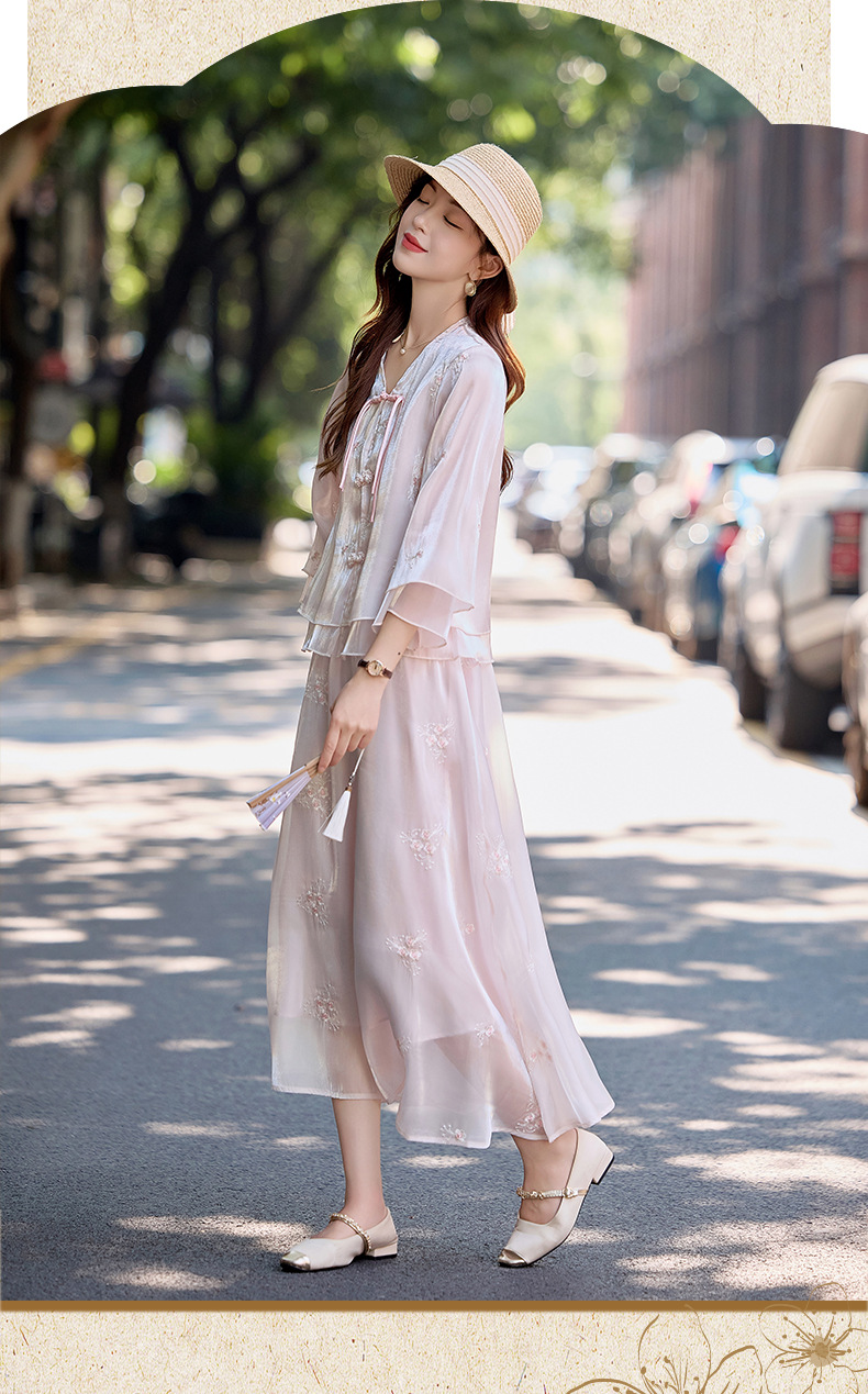 Bộ đầm maxi nữ thắt eo phong cách Trung Hoa mới tay ngắn cổ đứng — Màu như hình chi tiết 19