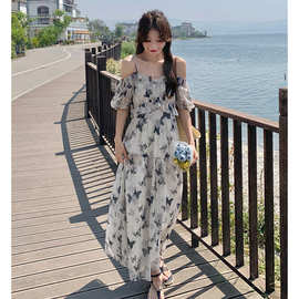 浪漫蝴蝶长款吊带裙韩系季女时尚轻熟风印花连衣裙夏新款复古裙子