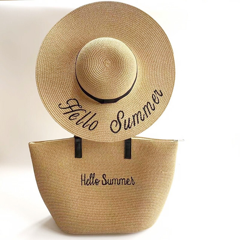 New Summer Big Brim Sunscreen Sunshade Hat Seaside Holiday Travel Large Capacity Shoulder Bag Straw Hat Set