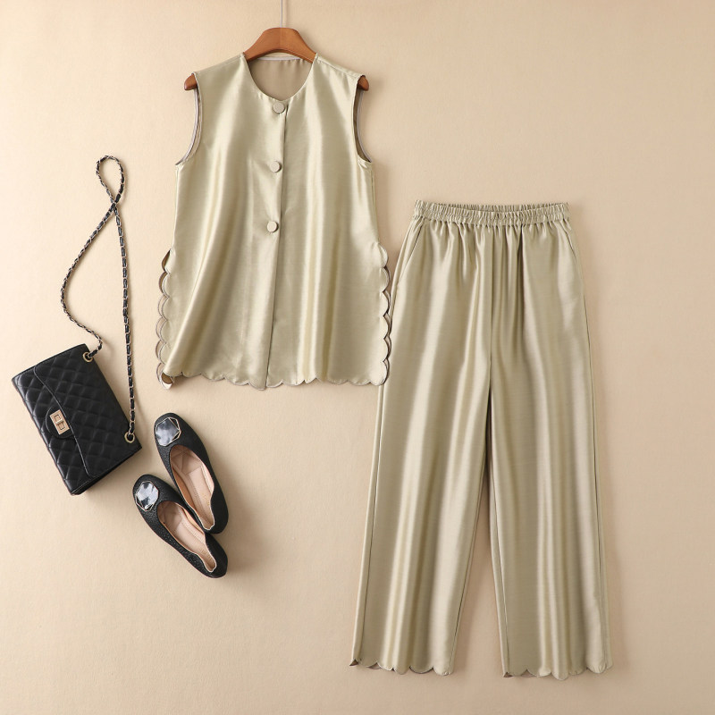 Boutique Quality Mulberry Silk and Wool Casual Cropped Pants + Sleeveless Vest Women's Summer Silk and Wool Elegant Set