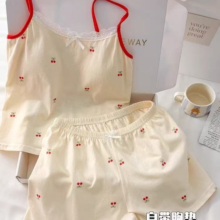 純粋な欲望スタイルサスペンダーパジャマ女性の夏 2025 新しいかわいい甘いチェリープリントショーツホーム服夏|undefined