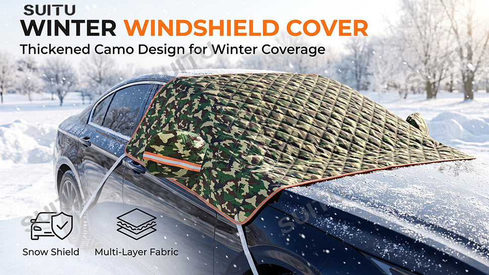 Car camouflage snow cover for winter, front windshield anti-freeze cover, anti-frost and anti-snow windshield cover, thickened car cover