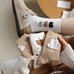襪子女秋冬季咖色小熊中筒襪ins潮韓版日系可愛蝴蝶結學生堆堆襪