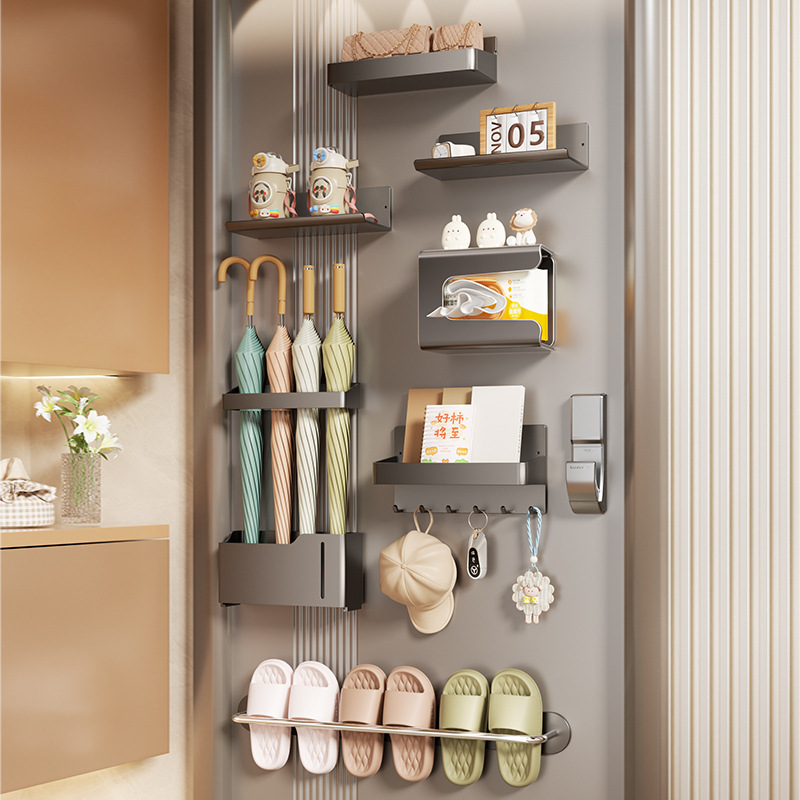 Magnetic Storage Rack, No-Drill, Wall-Mounted on the Side of the Refrigerator, Anti-Theft Door Hook, Slipper Rack, Umbrella Storage Rack Set